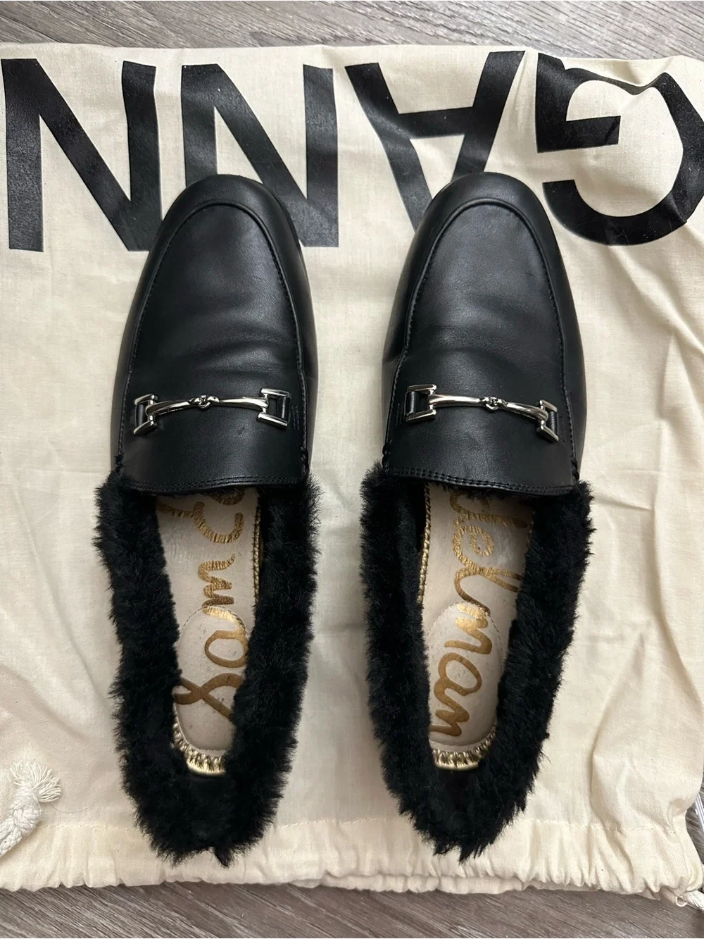 Sam Edelman Black Leather Faux-Fur Trim Loafers with Silver Bit